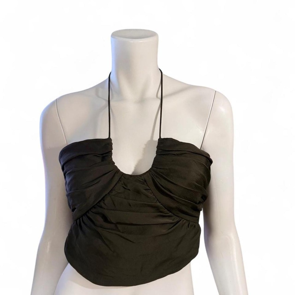 Zara Olive Green Satin Ruched Halter Crop Top Y2K Romantic Going Out